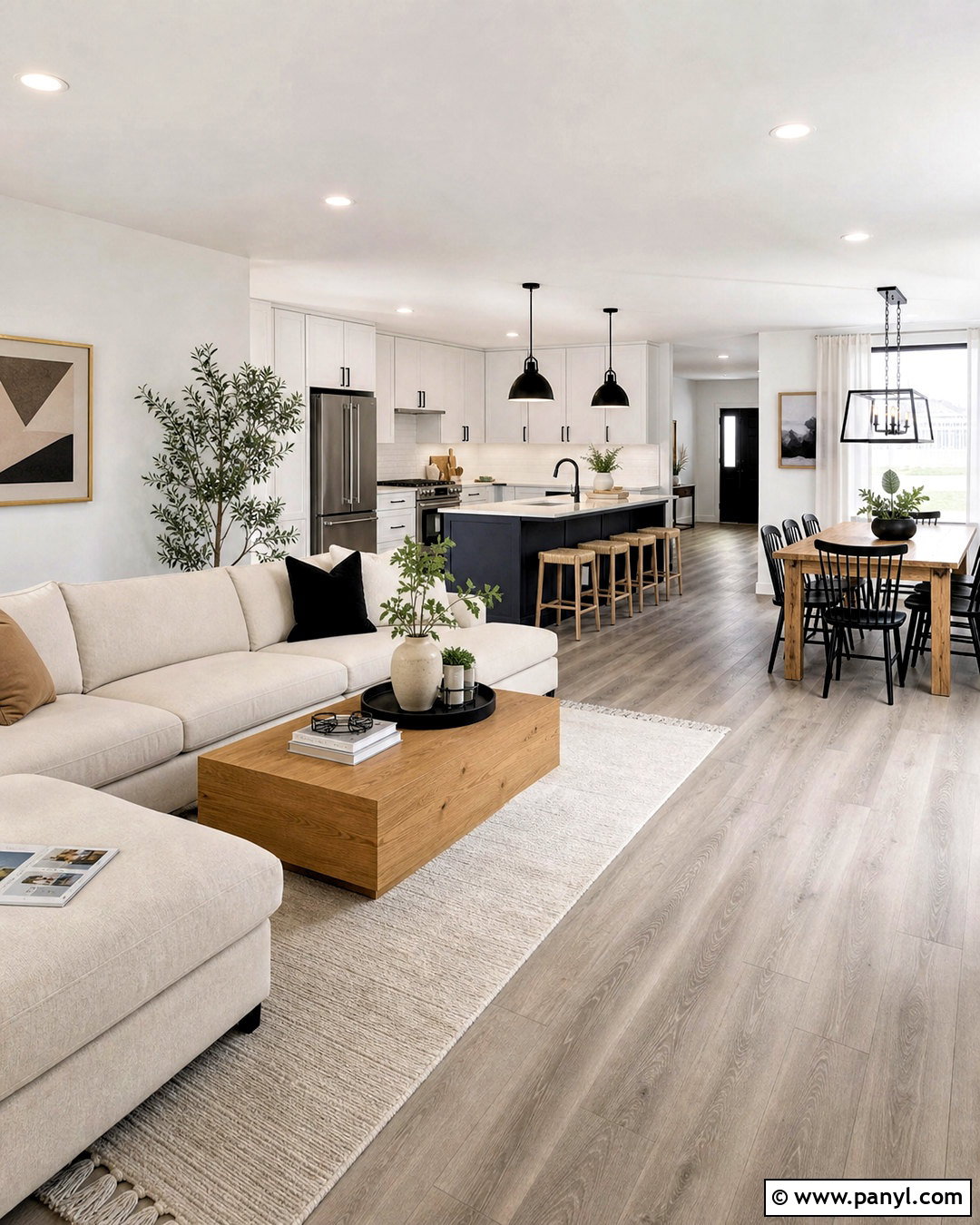 Open Plan Room With Grey Floors - 20 white walls grey floor ideas