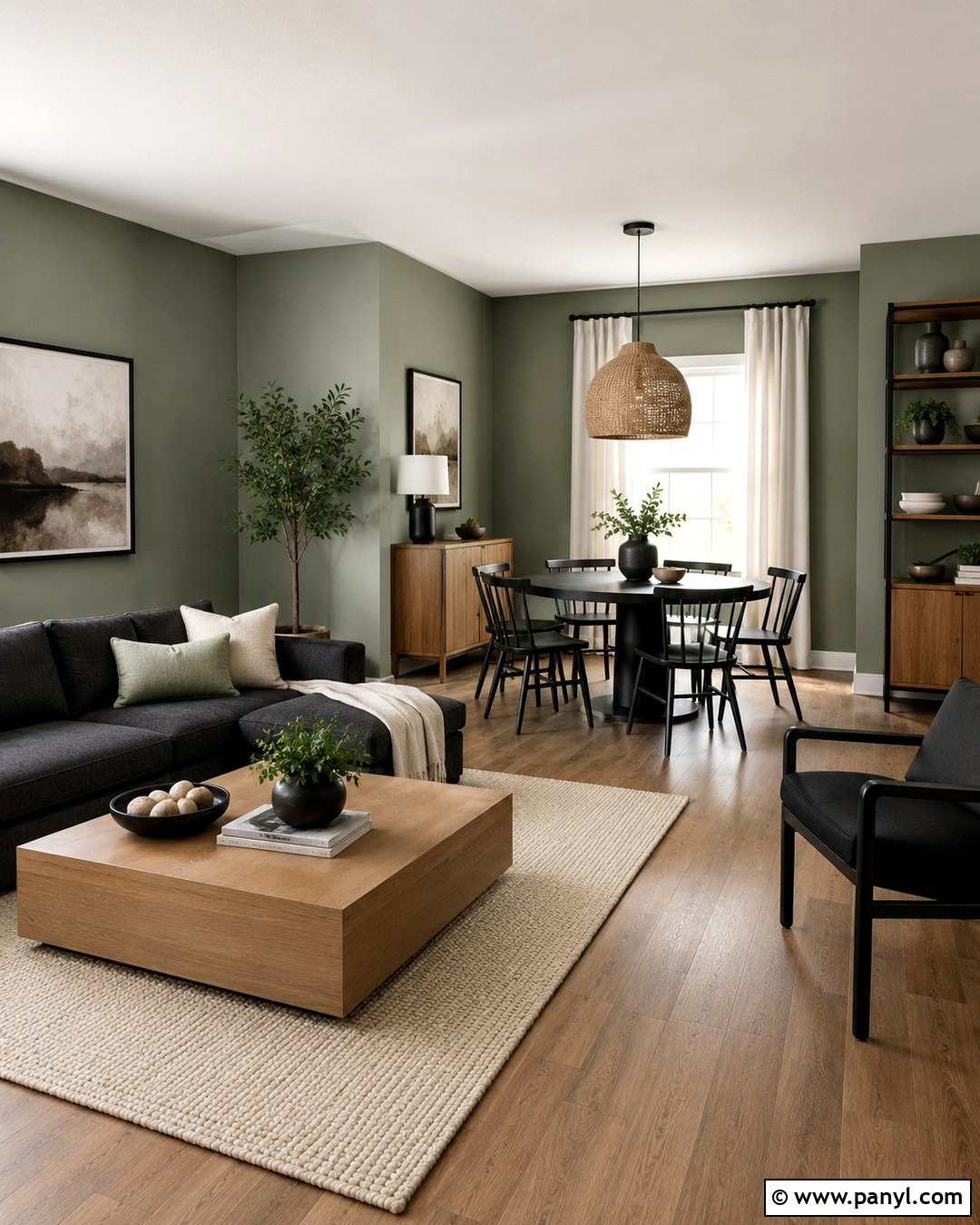Open Plan Room With Sage Green Walls And Black Furniture - 20 Sage Green Walls With Black Furniture Ideas