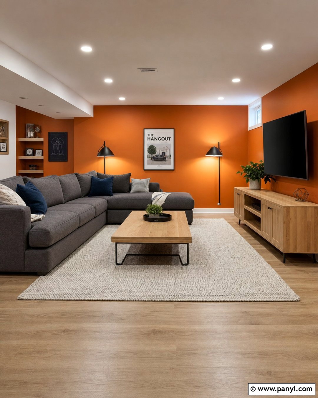 Orange Accent Wall Basement With Gray Furniture - 20 Orange Accent Wall Basement Ideas