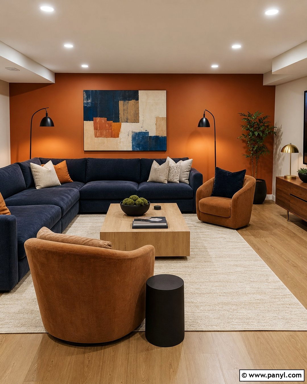 Orange Accent Wall Basement With Navy Furniture - 20 Orange Accent Wall Basement Ideas