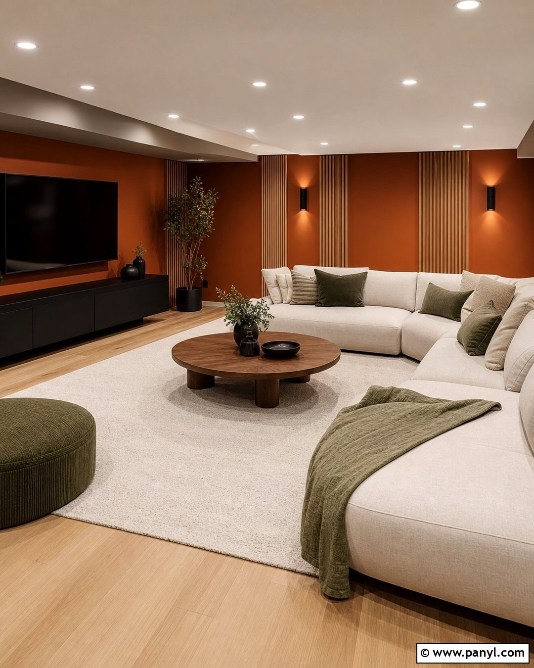 Orange Accent Wall Basement With Wood Slats - 20 Orange Accent Wall Basement Ideas