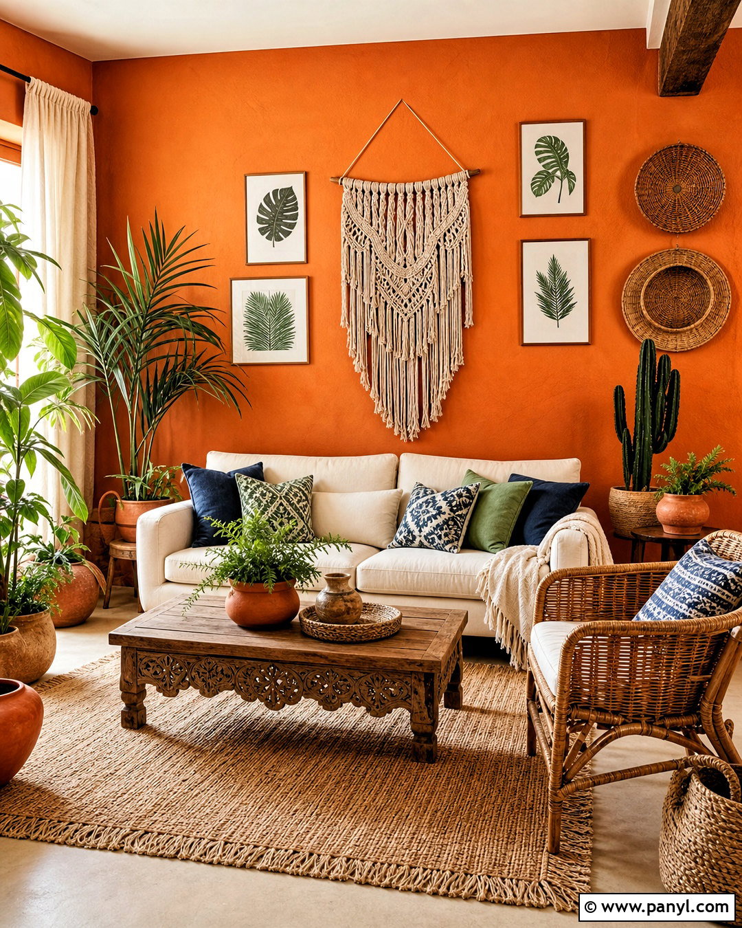 Orange Accent Wall Boho Living Room - 20 orange accent wall living room ideas