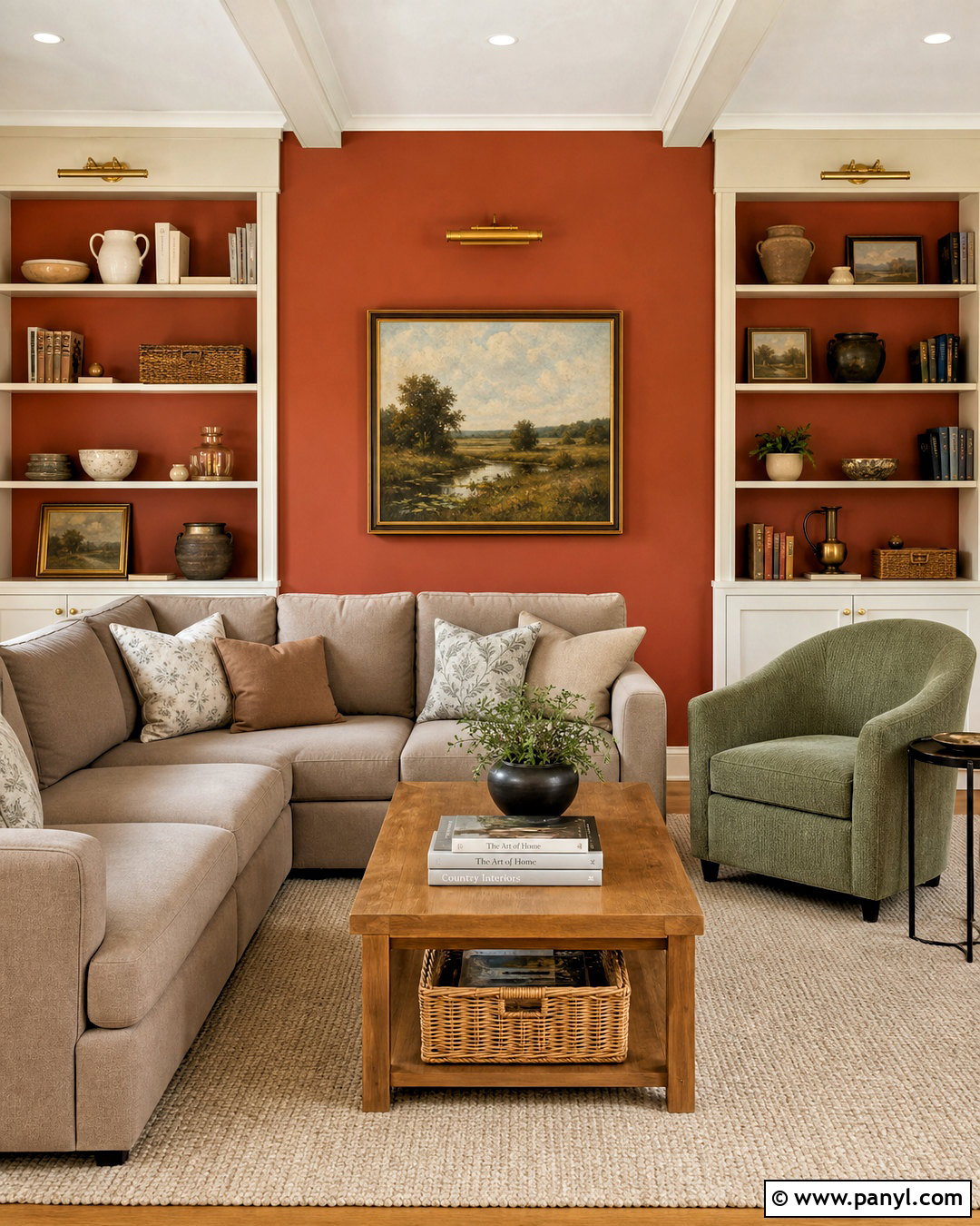 Orange Accent Wall With Built-In Shelves - 20 orange accent wall living room ideas