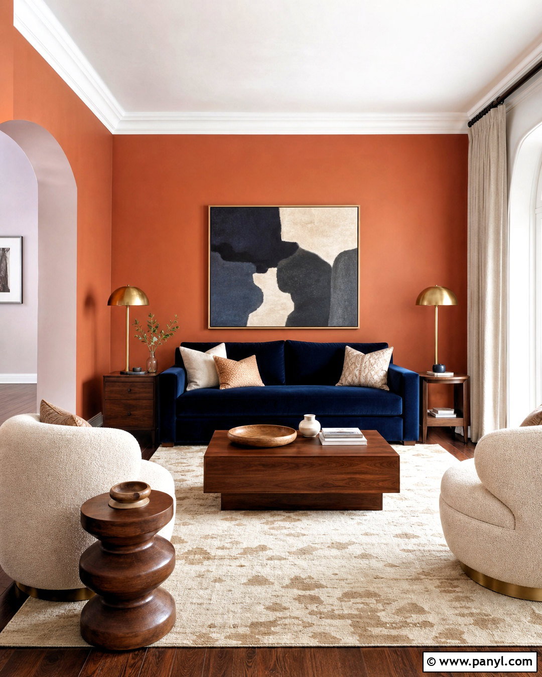Orange Accent Wall With Navy Sofa - 20 orange accent wall living room ideas