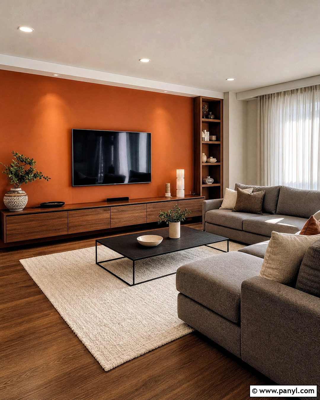 Orange Accent Wall With TV - 20 orange accent wall living room ideas