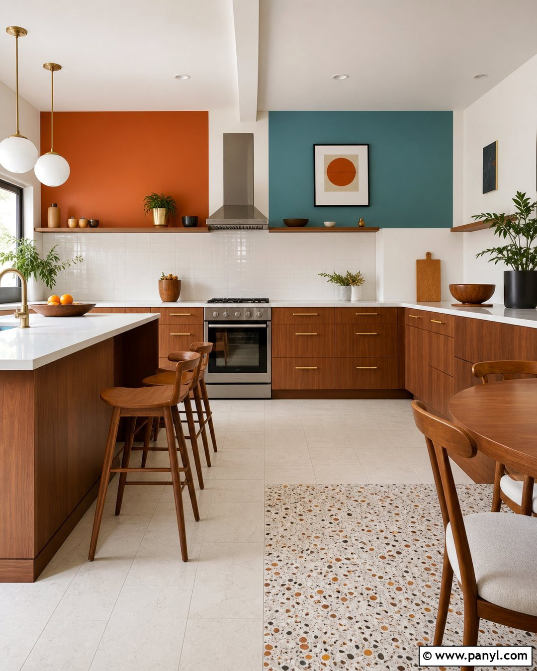 Orange And Turquoise Midcentury Kitchen Wall - 20 Color Block Kitchen Wall Ideas