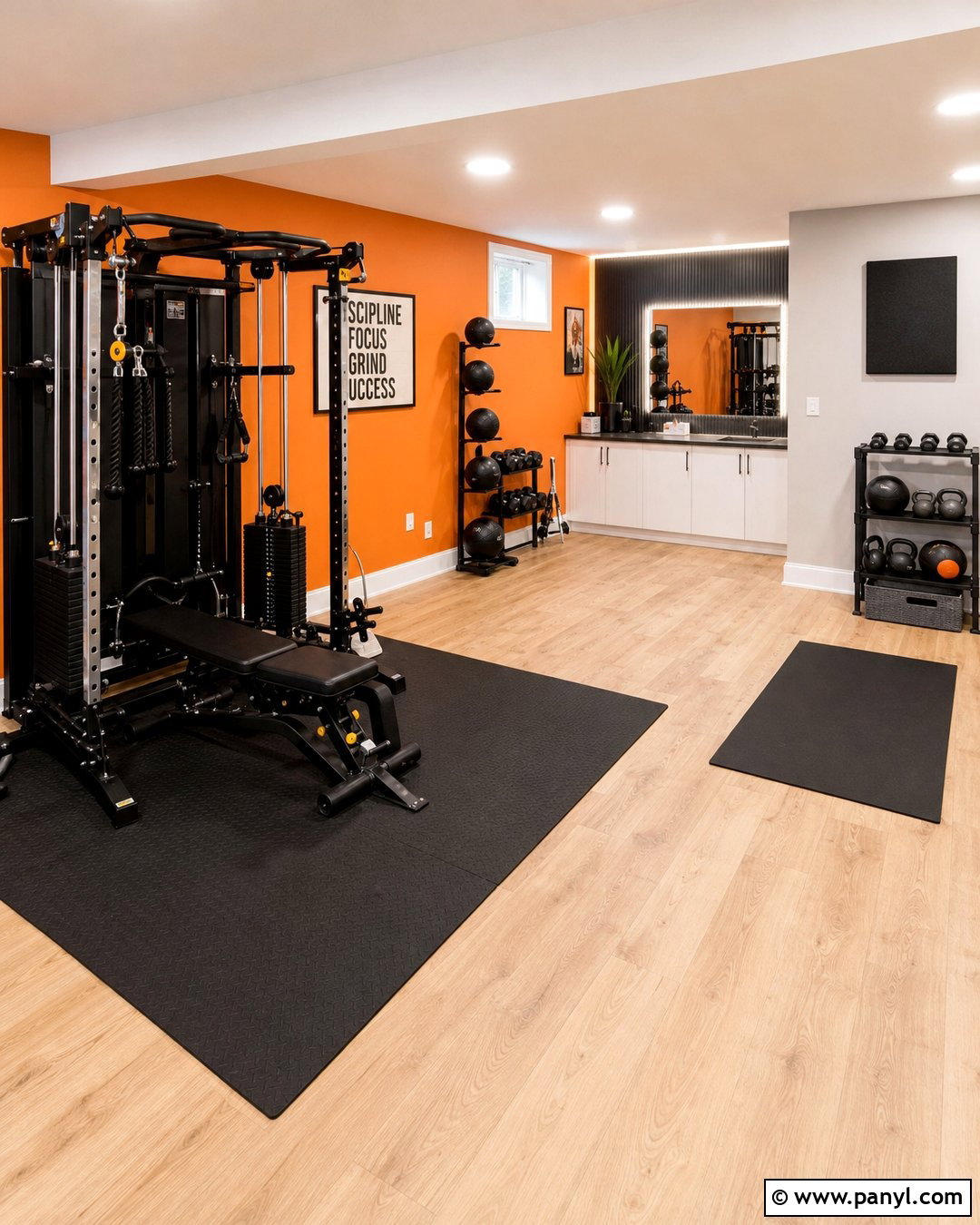 Orange Basement Gym With Bright Lighting - 20 Orange Accent Wall Gym Ideas