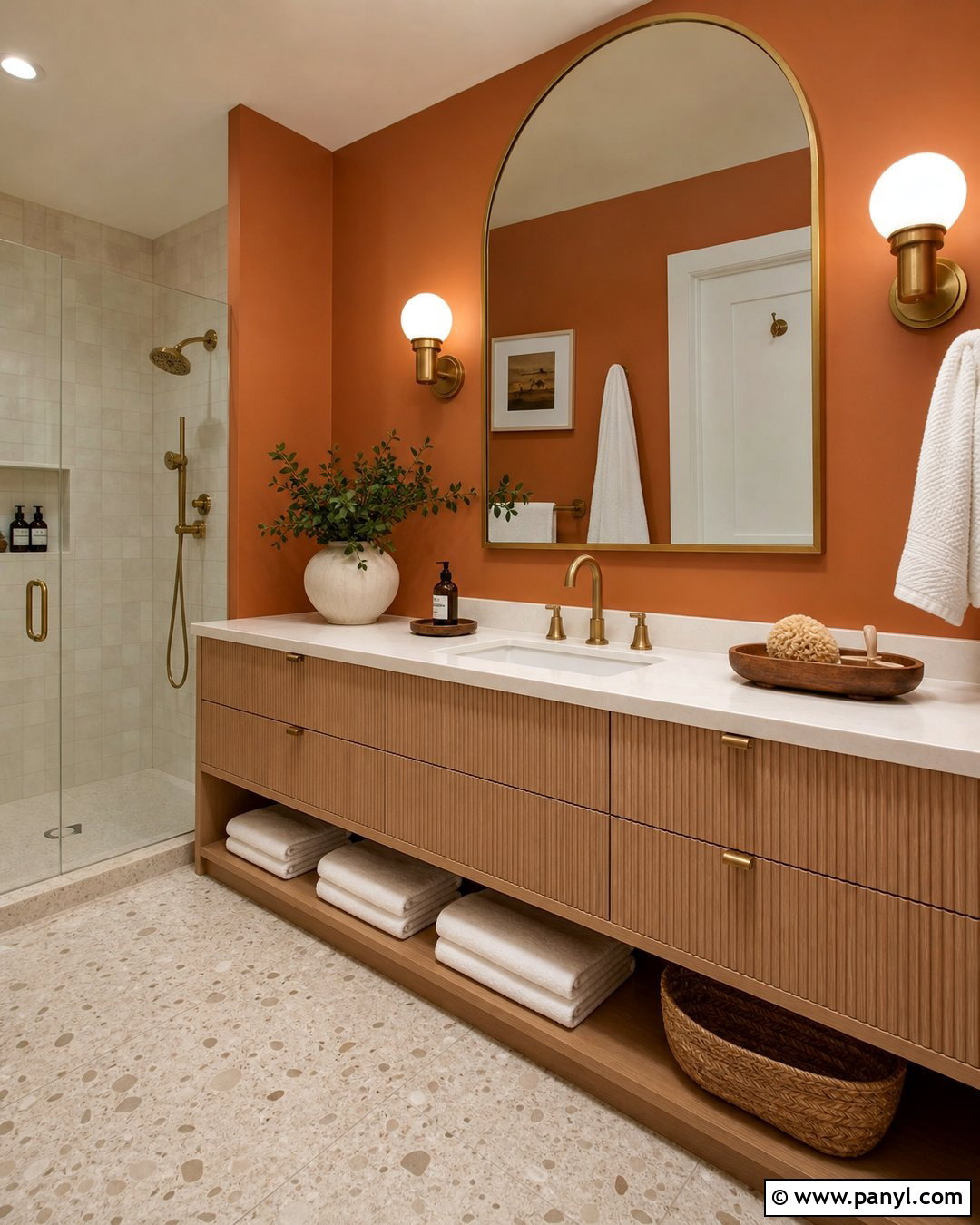Orange Bathroom Walls With Arched Mirror - 30 Orange Bathroom Walls