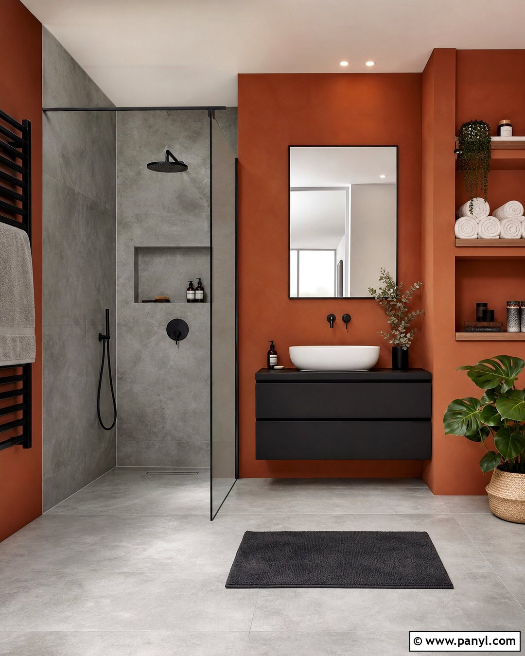 Orange Bathroom Walls With Concrete Tile - 30 Orange Bathroom Walls