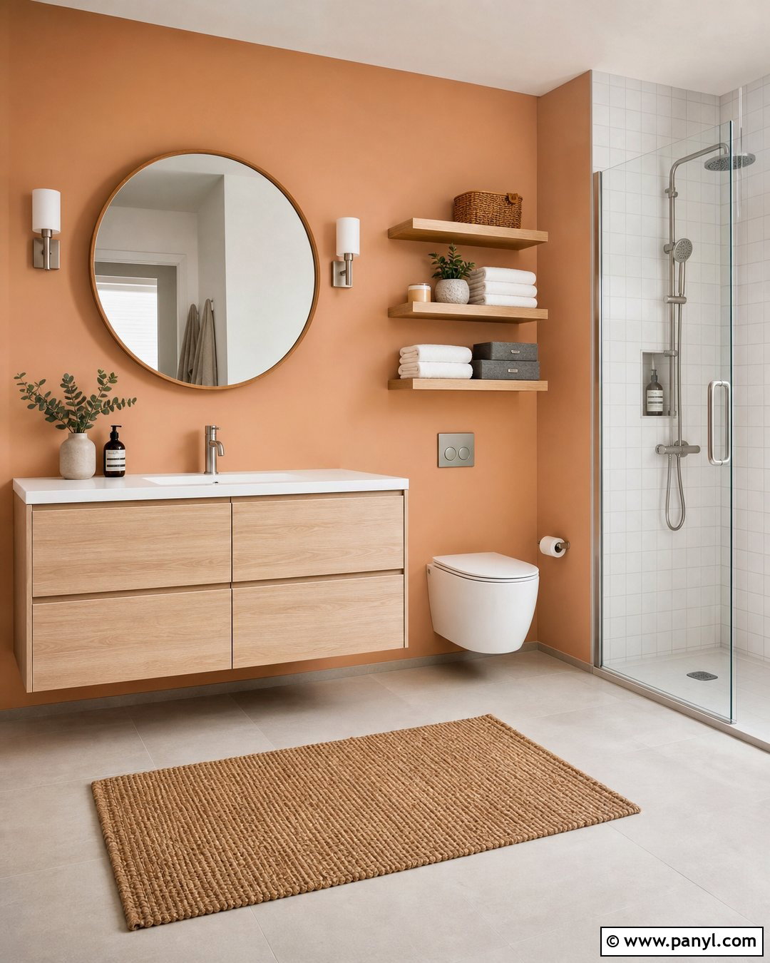Orange Bathroom Walls With Light Wood Vanity - 30 Orange Bathroom Walls