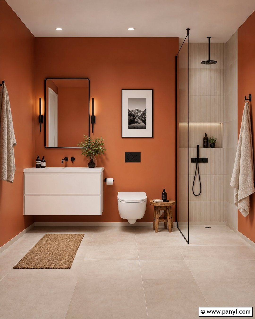 Orange Bathroom Walls With Matte Black Hardware - 30 Orange Bathroom Walls