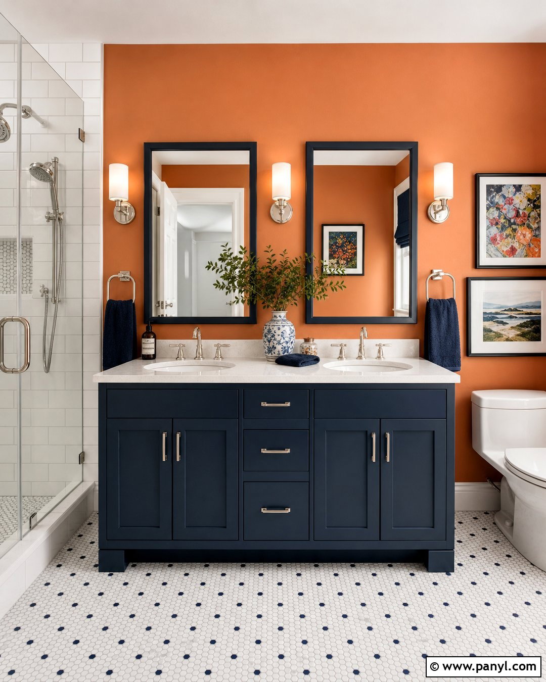 Orange Bathroom With Navy Blue Vanity - 20 Colorful Bathroom With Orange Walls