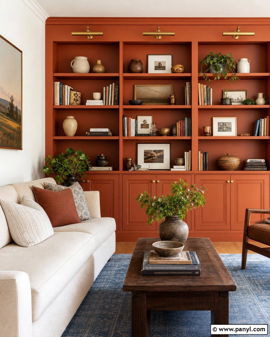 Orange Built In Bookshelves - 30 Orange Painted Walls