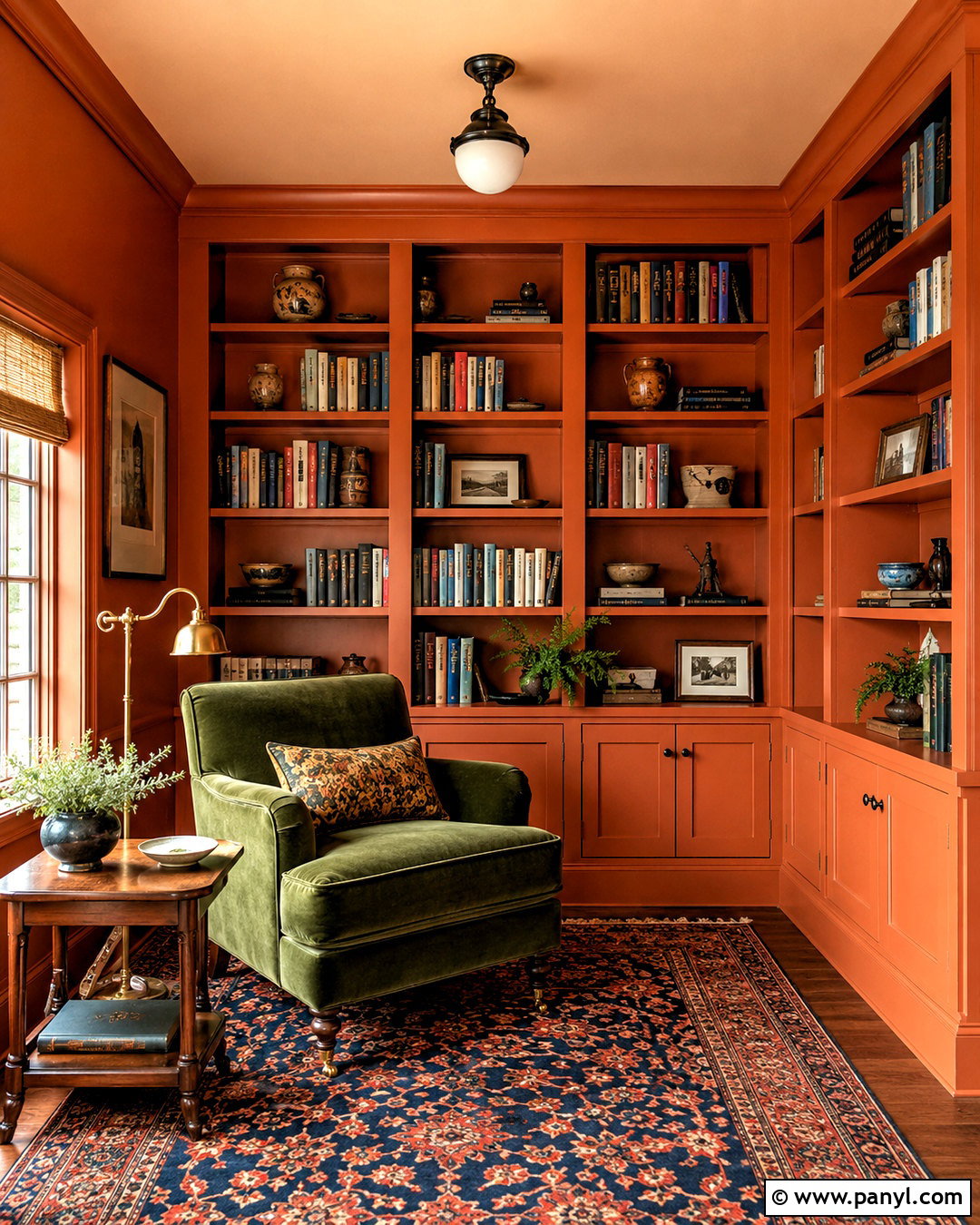 Orange Color Drenched Library - 20 Warm Orange Wall Color Ideas