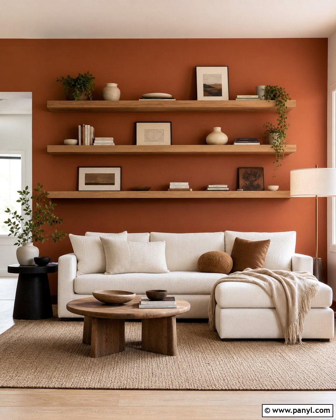 Orange Feature Wall With Floating Shelves - 30 orange feature wall ideas