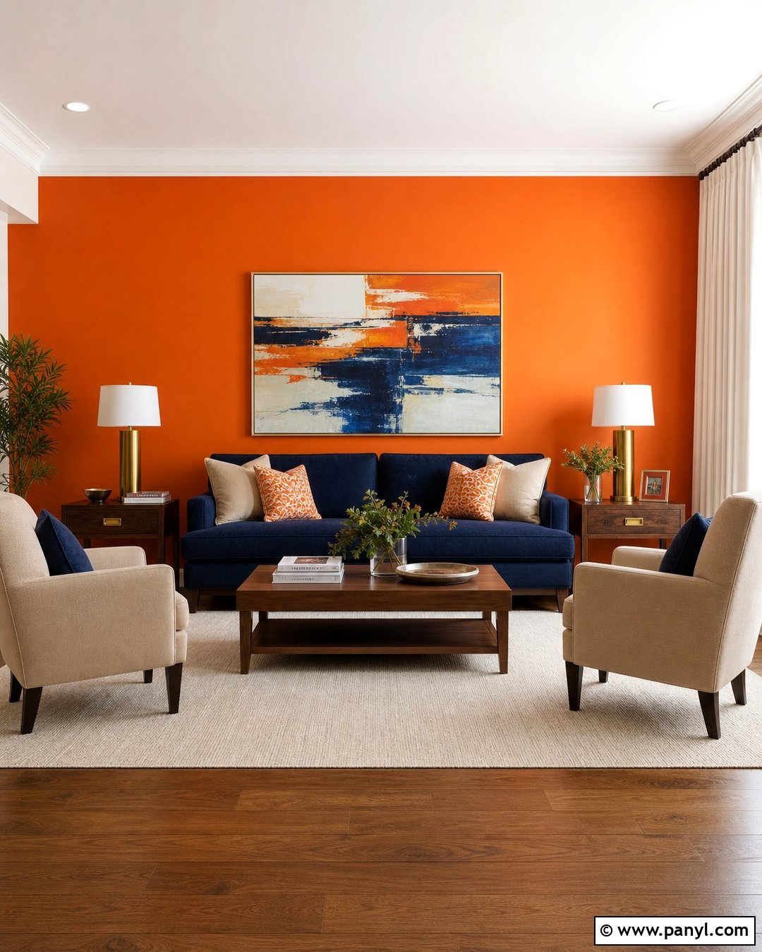 Orange Feature Wall With Navy Furniture - 30 orange feature wall ideas