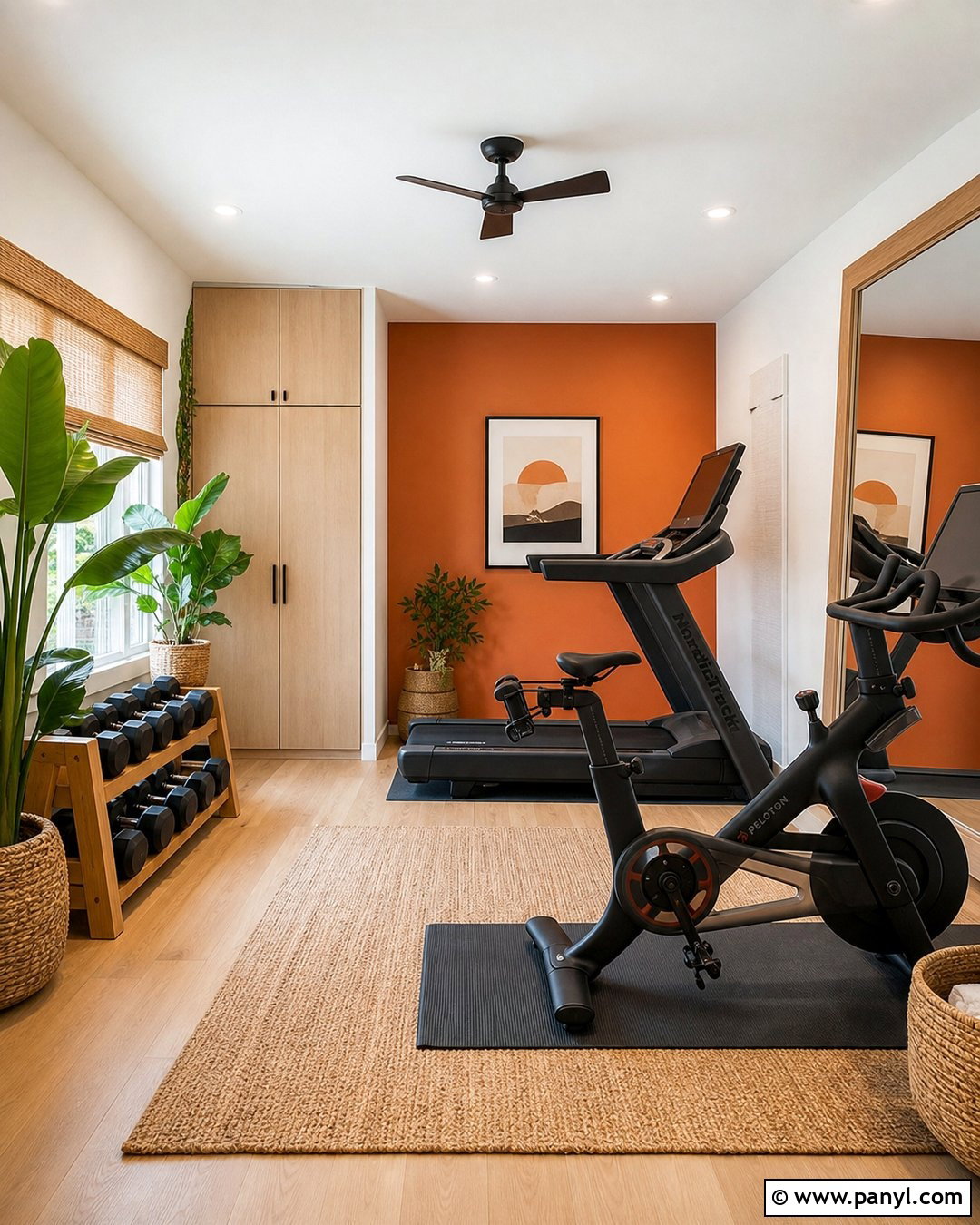 Orange Gym With Plants And Natural Wood - 20 Orange Accent Wall Gym Ideas