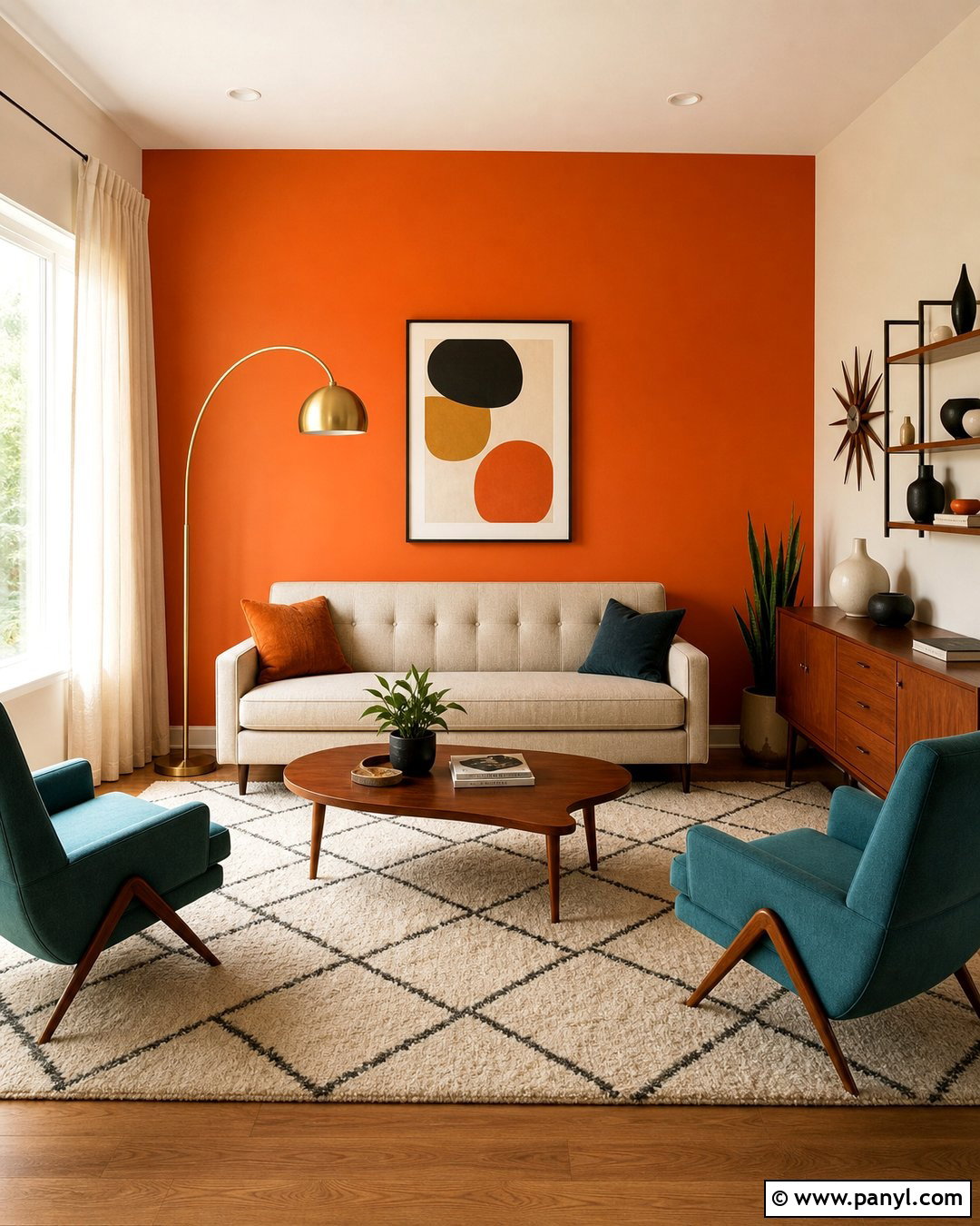 Orange Midcentury Living Room - 30 Orange Wall Color Ideas