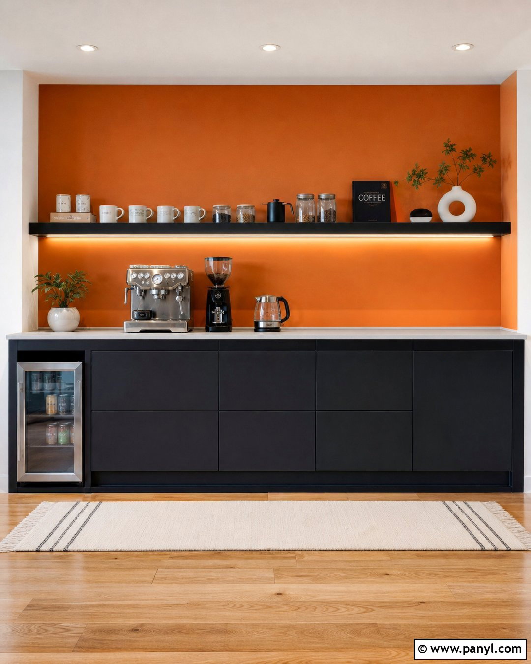 Orange Wall Coffee Bar With Black Cabinets - 20 Orange Wall Coffee Setup Ideas