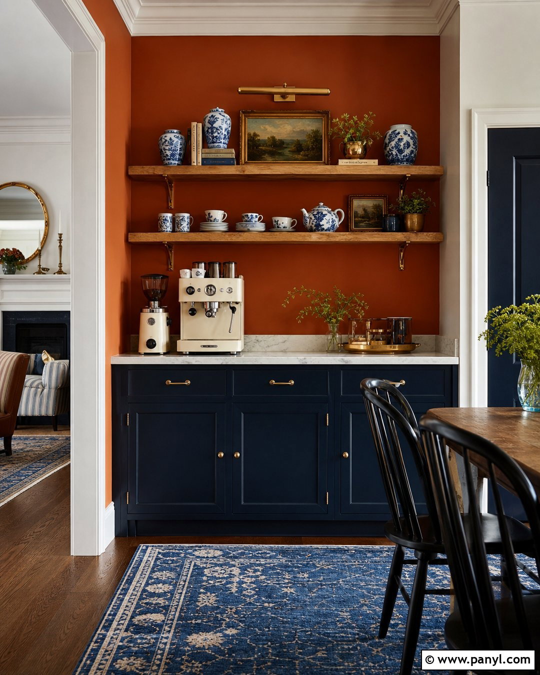 Orange Wall Coffee Bar With Blue Cabinets - 20 Orange Wall Coffee Setup Ideas