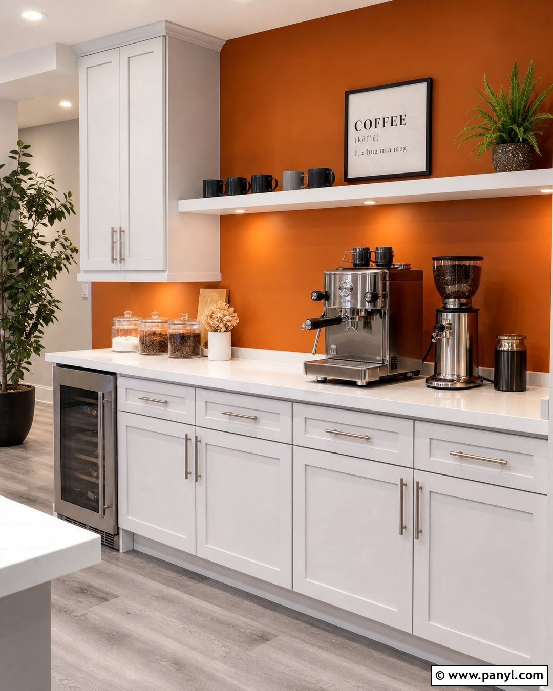 Orange Wall Coffee Bar With White Cabinets - 20 Orange Wall Coffee Setup Ideas
