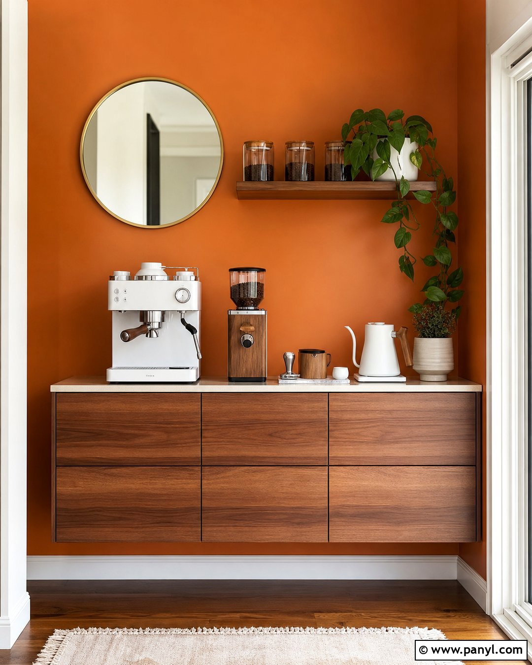 Orange Wall Coffee Setup With Floating Cabinet - 20 Orange Wall Coffee Setup Ideas