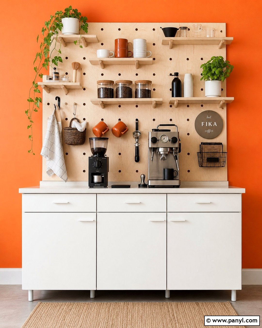 Orange Wall Coffee Setup With Pegboard Storage - 20 Orange Wall Coffee Setup Ideas