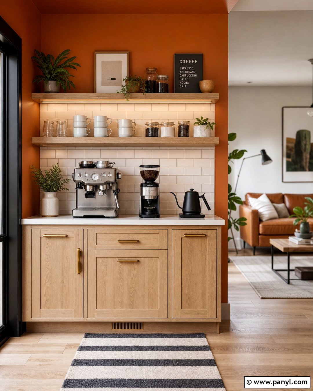Orange Wall Coffee Setup With Tile Backsplash - 20 Orange Wall Coffee Setup Ideas