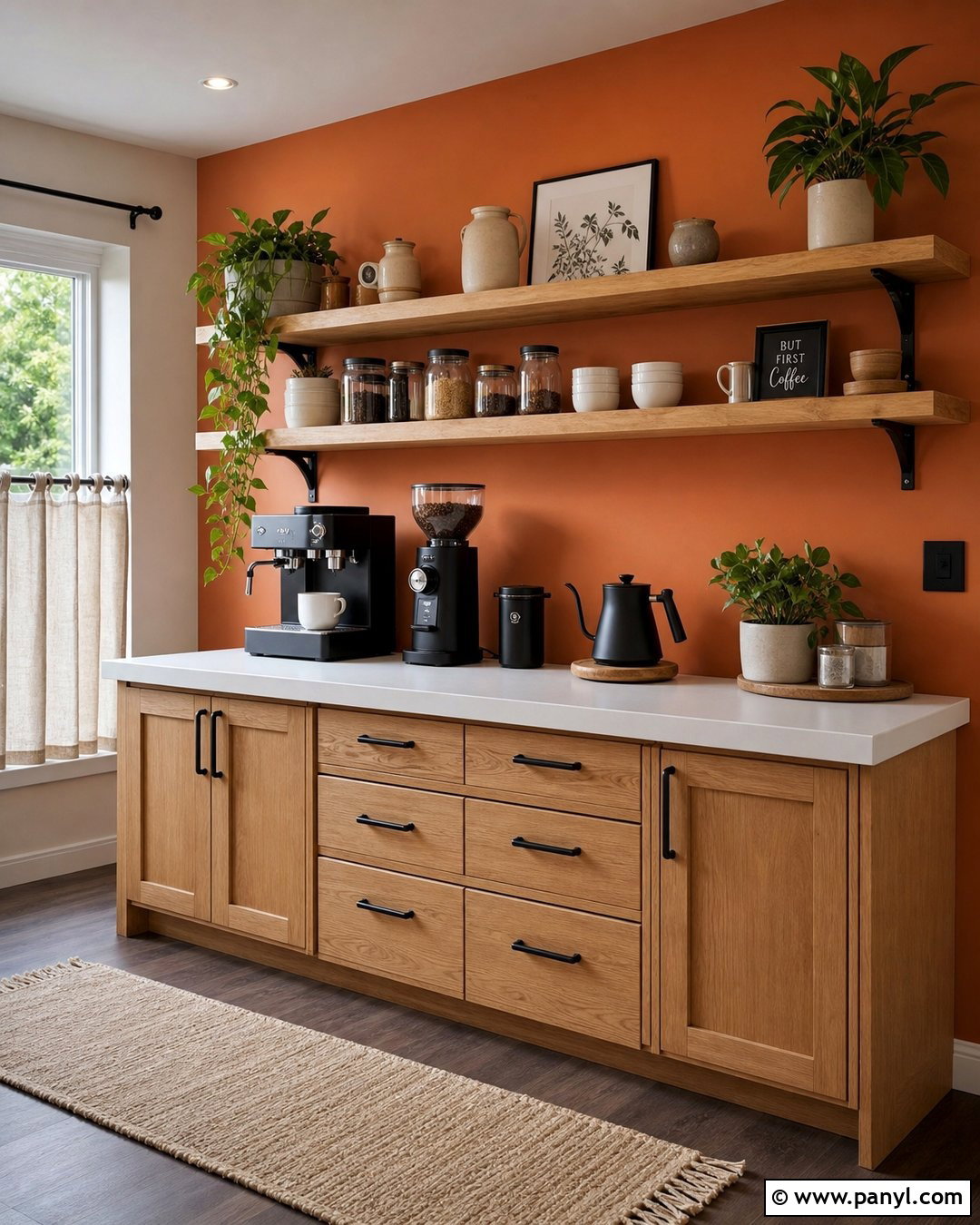 Orange Wall Coffee Setup With Wood Shelves - 20 Orange Wall Coffee Setup Ideas