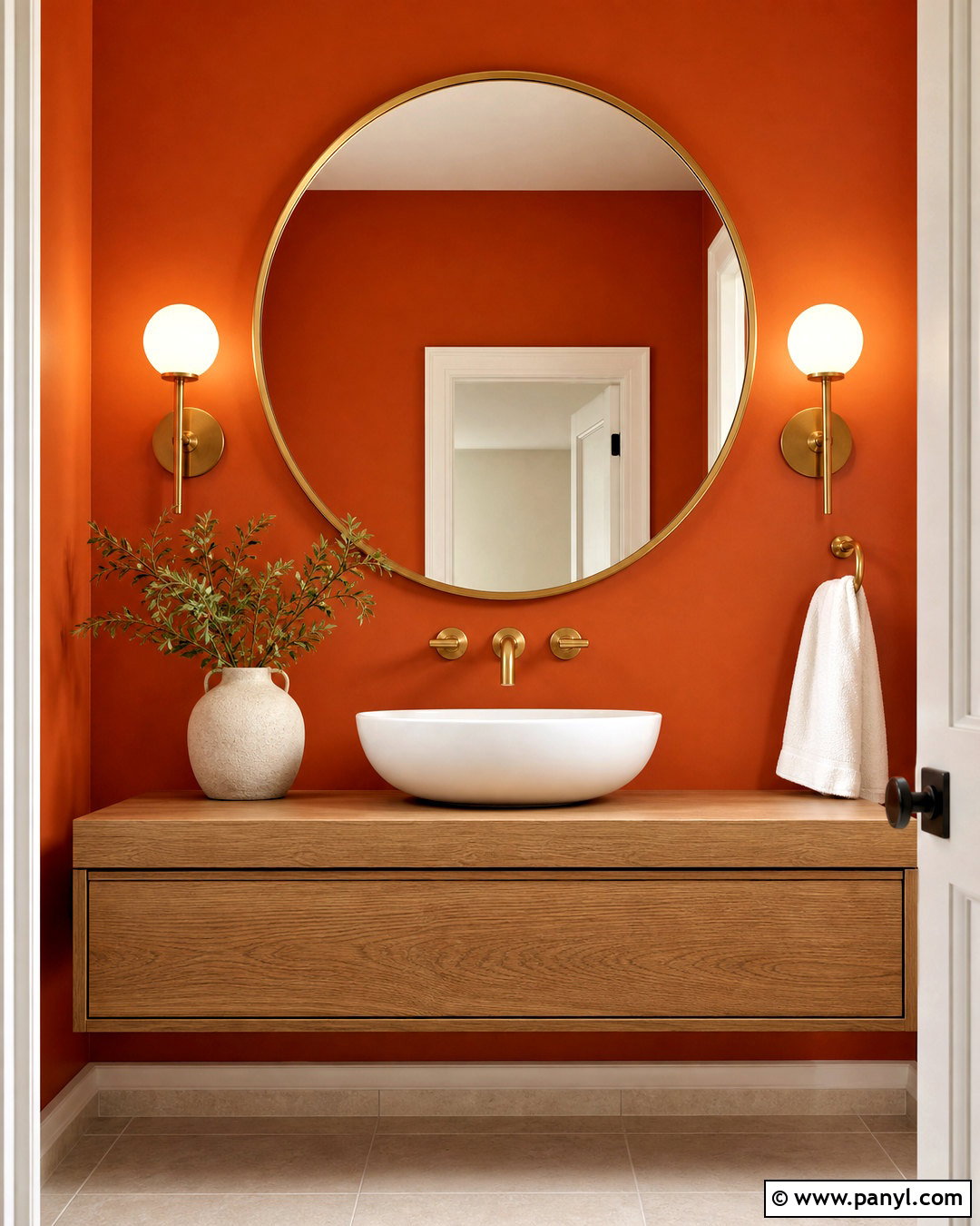 Orange Wall With Round Mirror - 20 orange wall decor ideas