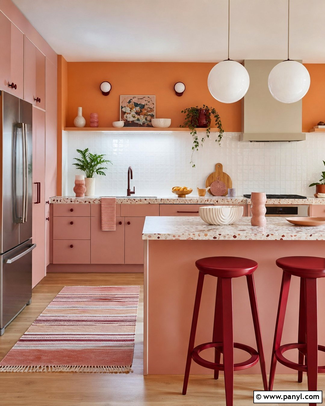Orange Walls With Blush Pink Cabinets - 20 Colorful Kitchen With Orange Walls