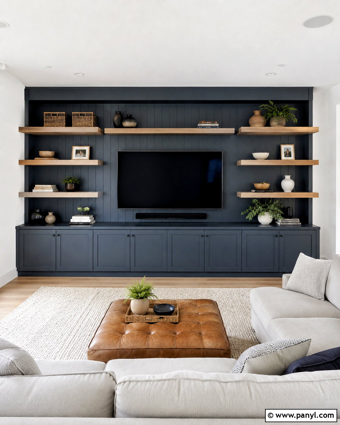 Outerspace Built-In Cabinets With Oak Shelves - 20 outerspace sherwin williams ideas
