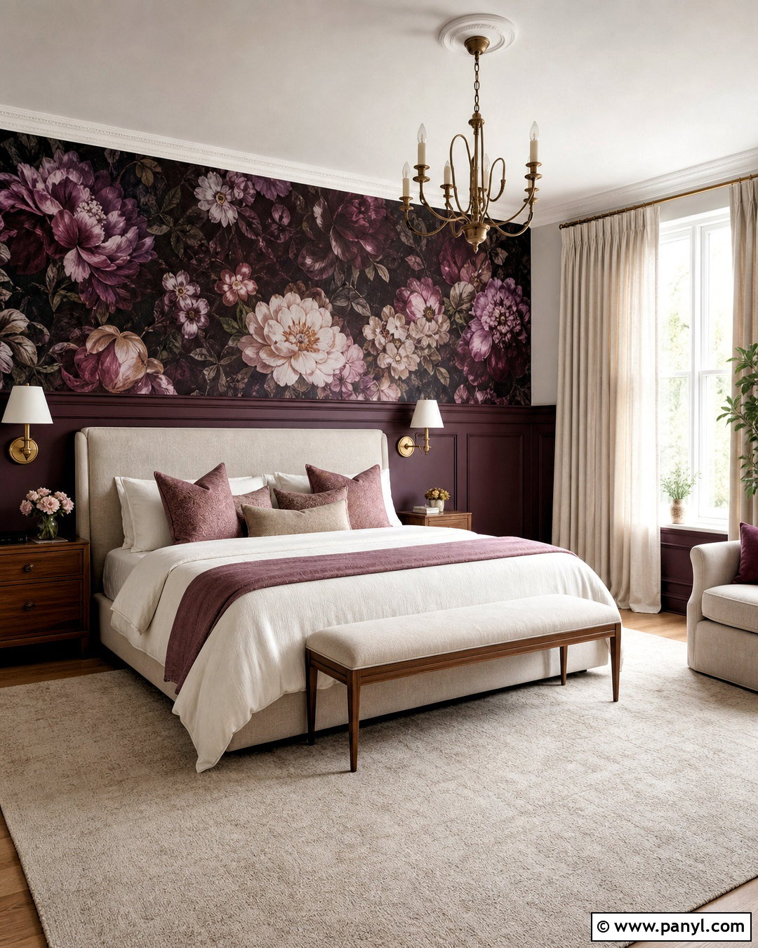 Oversized Floral Wallpaper With Plum Paint - 20 half wallpaper half paint ideas
