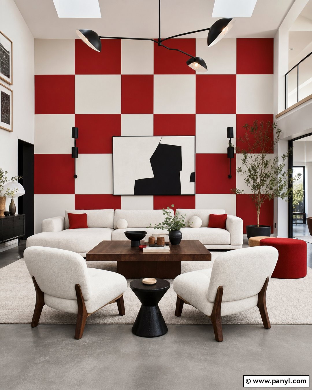 Oversized Red And White Checkered Living Room Wall - 20 Red And White Checkered Wall Ideas