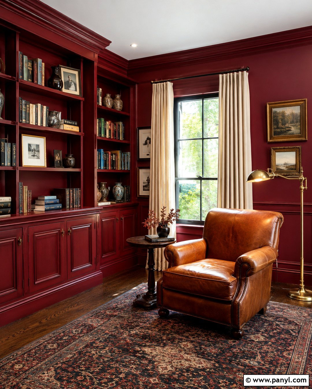 Oxblood Red Library Wall - 20 Vibrant Red Wall Color Ideas