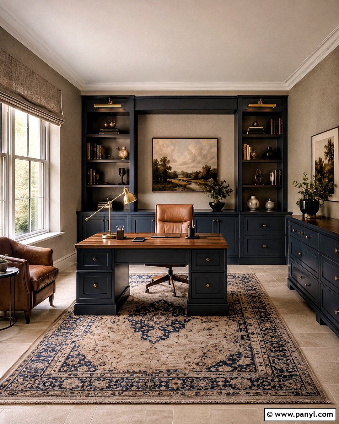 Oxford Stone Home Office With Navy Built-Ins - 20 oxford stone farrow and ball ideas