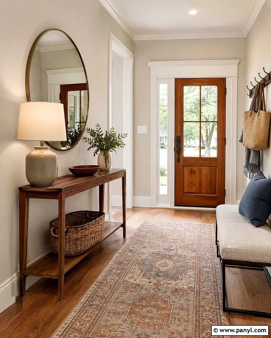 Oyster Entryway With Warm Wood - 20 Oyster Wall Paint Ideas