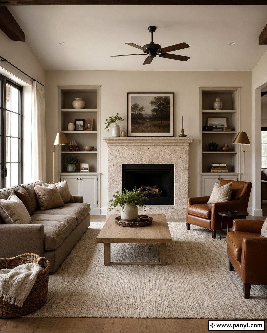 Oyster Living Room With Stone Fireplace - 20 Oyster Wall Paint Ideas