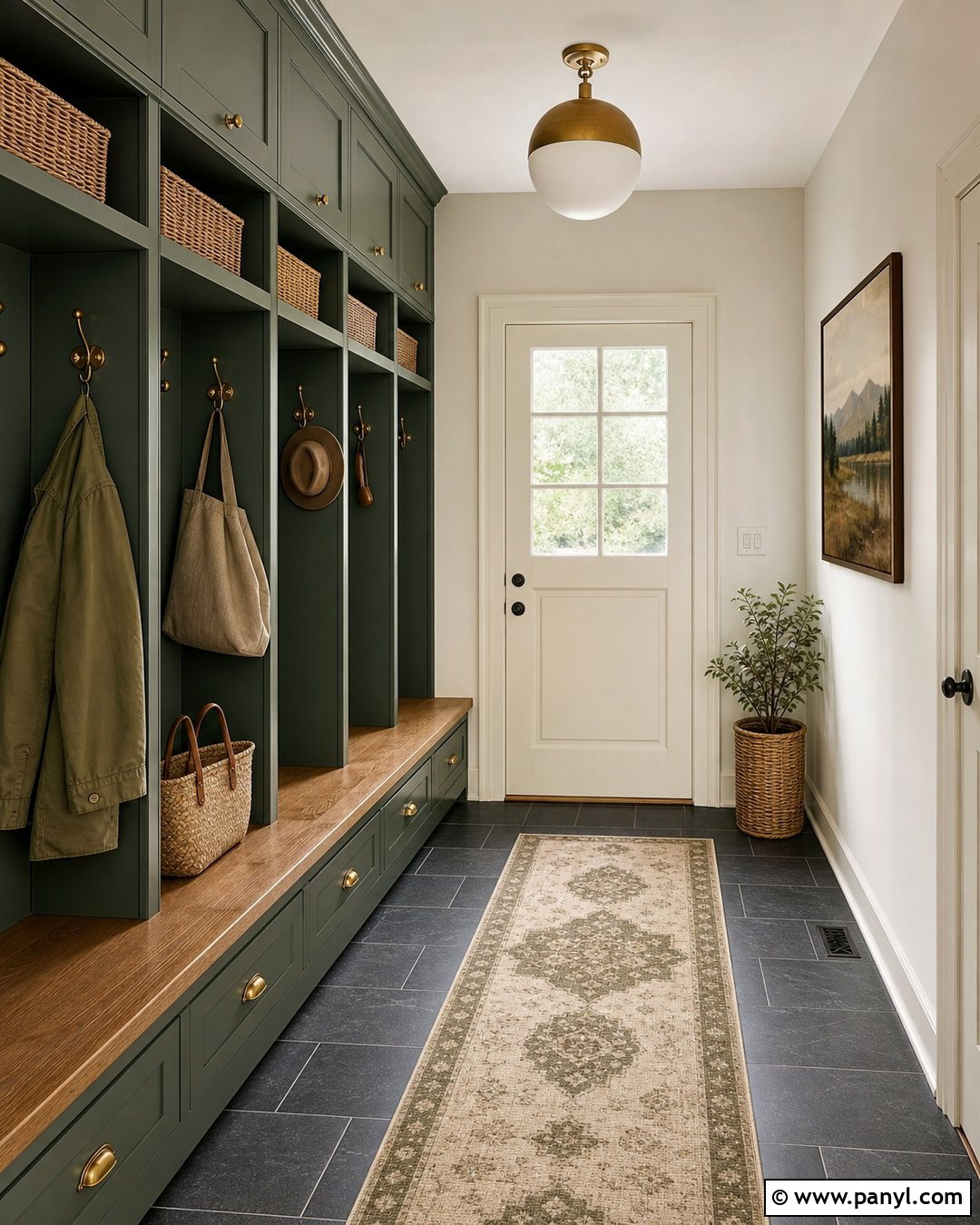 Oyster White Walls In A Green Mudroom - 25 Oyster White Walls
