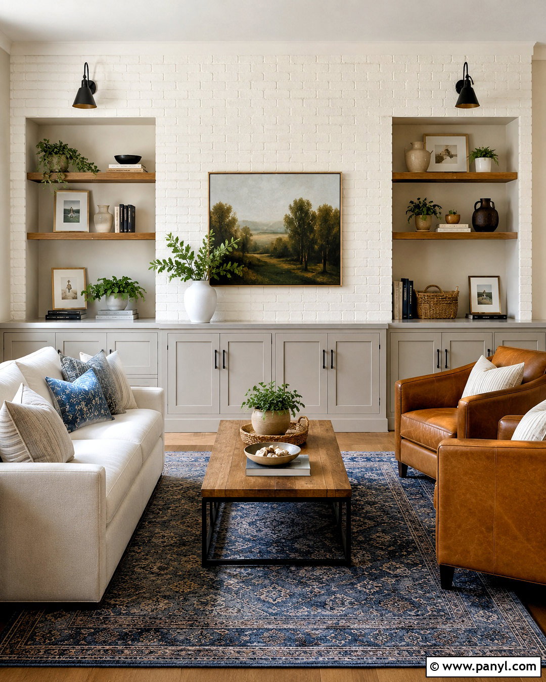 Painted Brick Wall With Built-In Shelves - 20 painted brick walls living room ideas