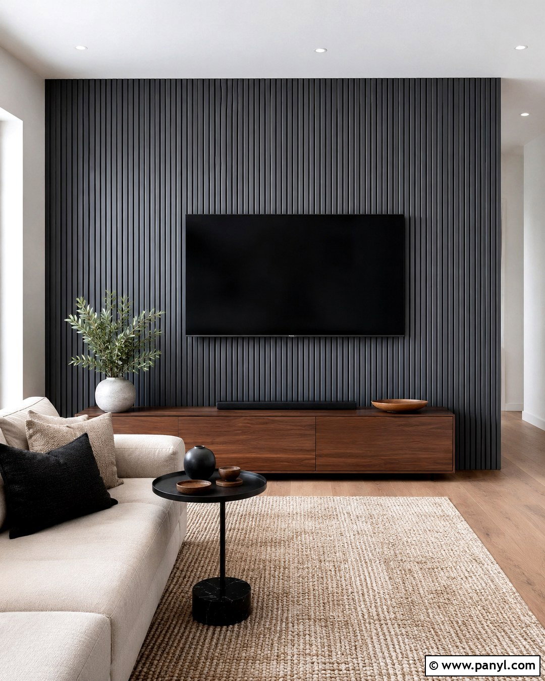 Painted Slat Effect TV Wall - 20 Paint Around Tv On Wall Ideas
