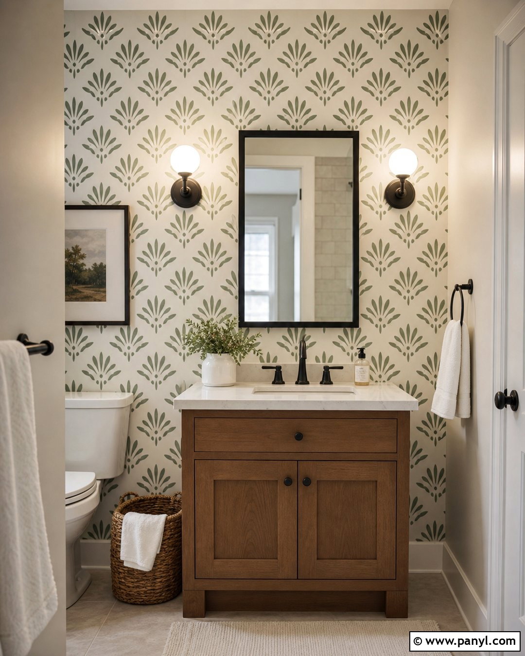 Painted Stencil Green Bathroom Wall - 35 Green Accent Wall Bathroom Ideas