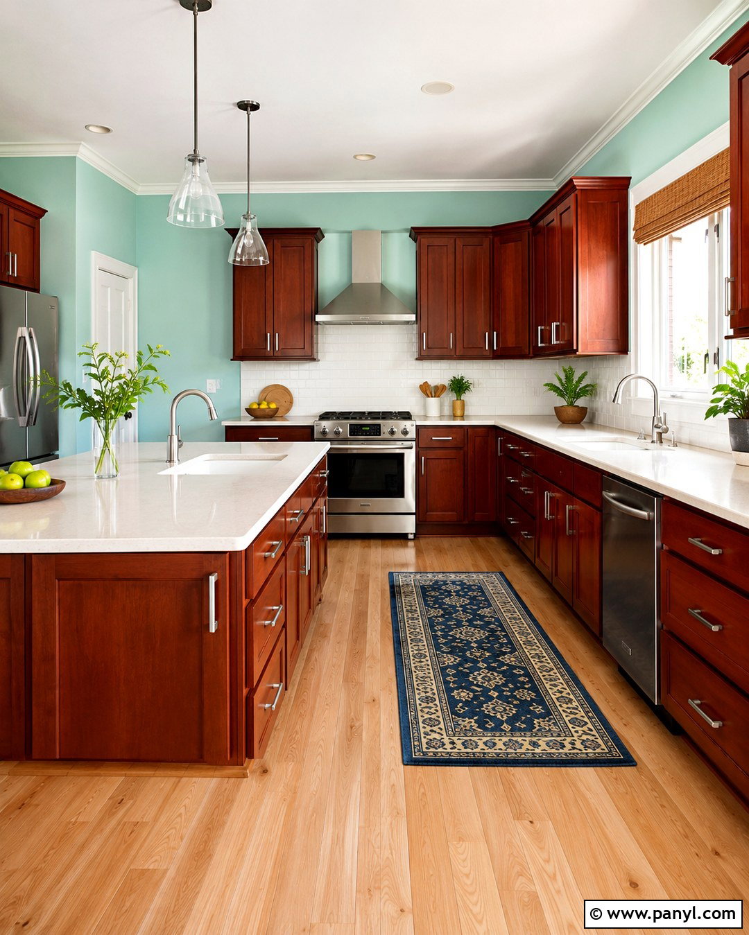 Pale Aqua Walls With Cherry Cabinets - 20 Brown Kitchen Ideas Paint Wall Colors