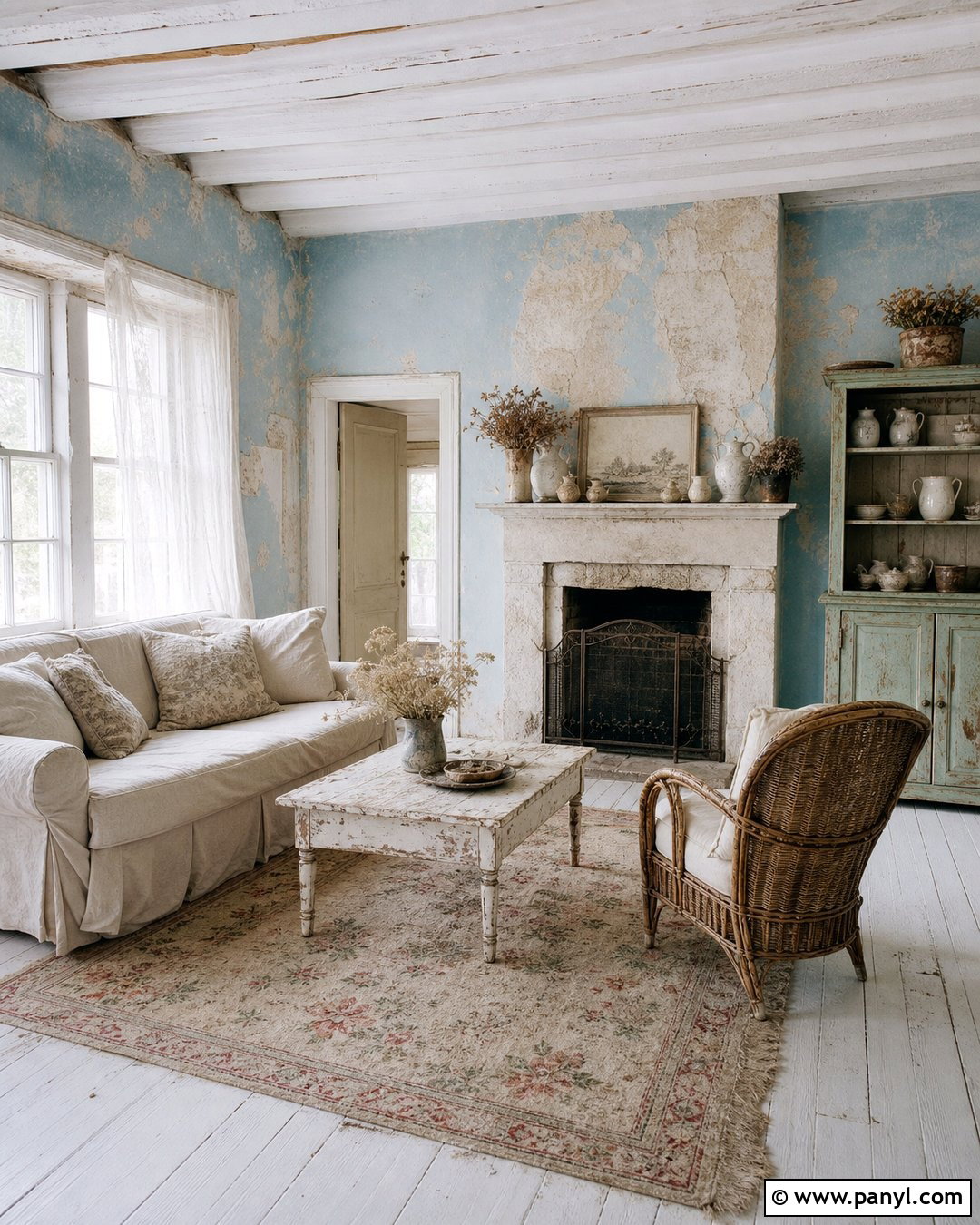 Pale Blue Abandoned Cottage Room - 20 Blue Wall Decayed Room Ideas