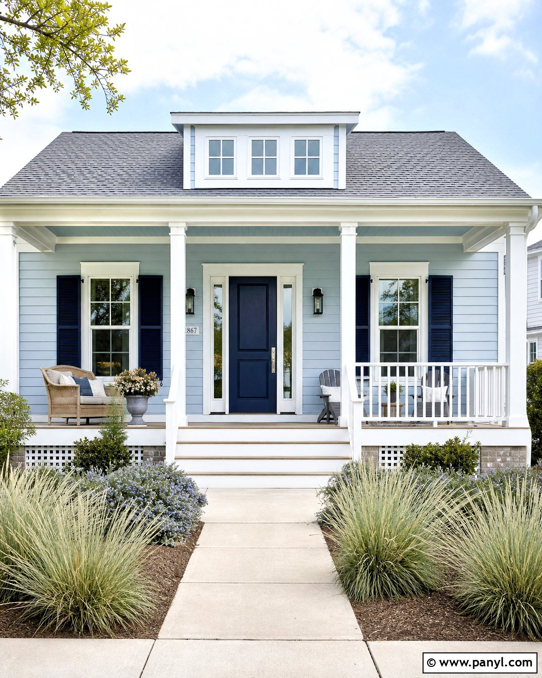 Pale Blue Exterior Walls With Navy Accents - 20 exterior wall painting ideas