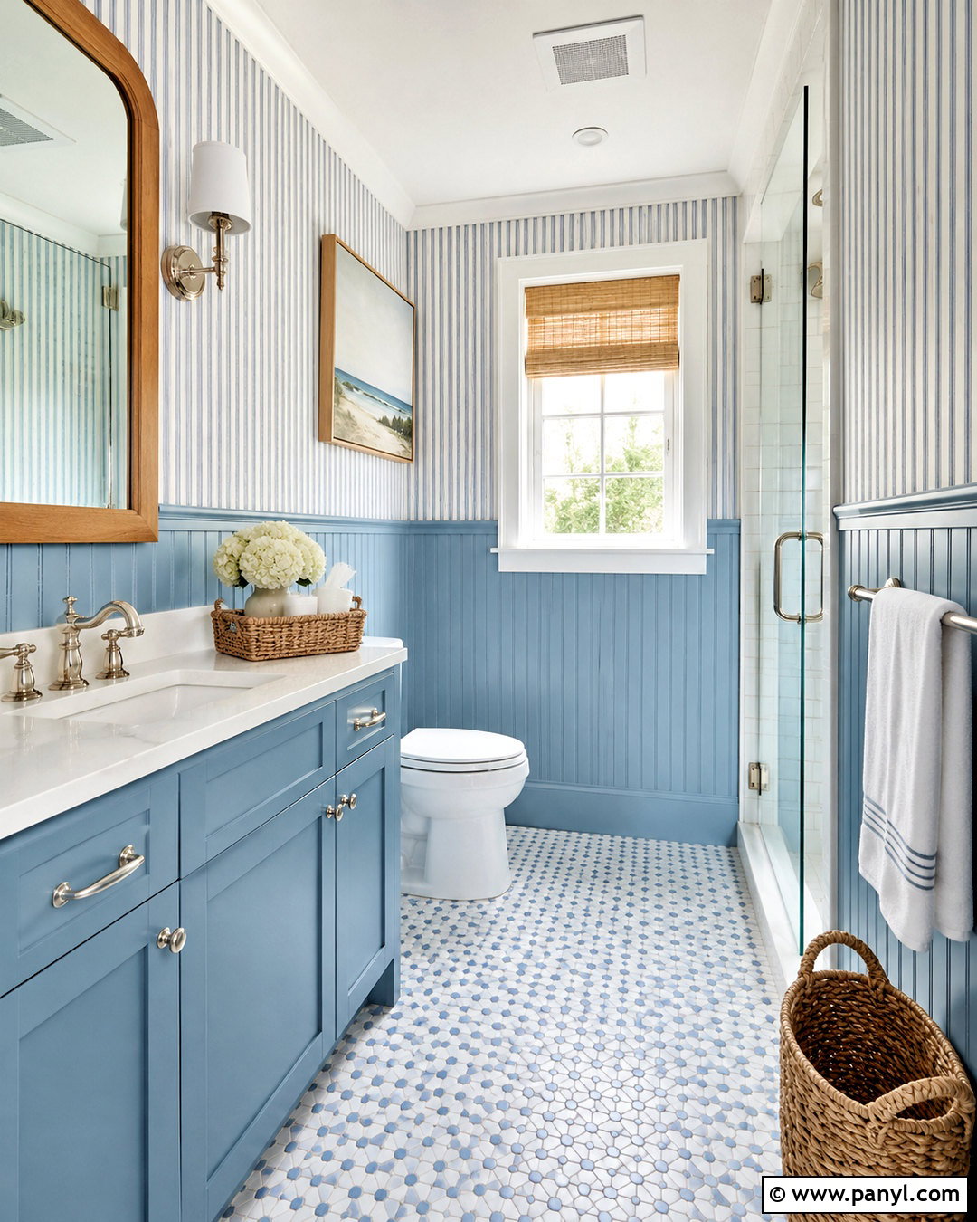Pale Blue Wainscoting With Striped Wallpaper - 20 painted wainscoting ideas color schemes