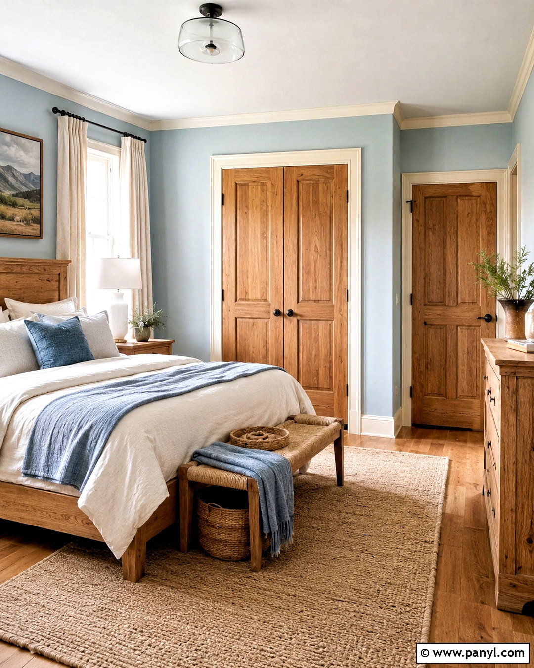 Pale Blue Walls With Natural Wood Doors - 35 Wall And Door Color Combination Ideas