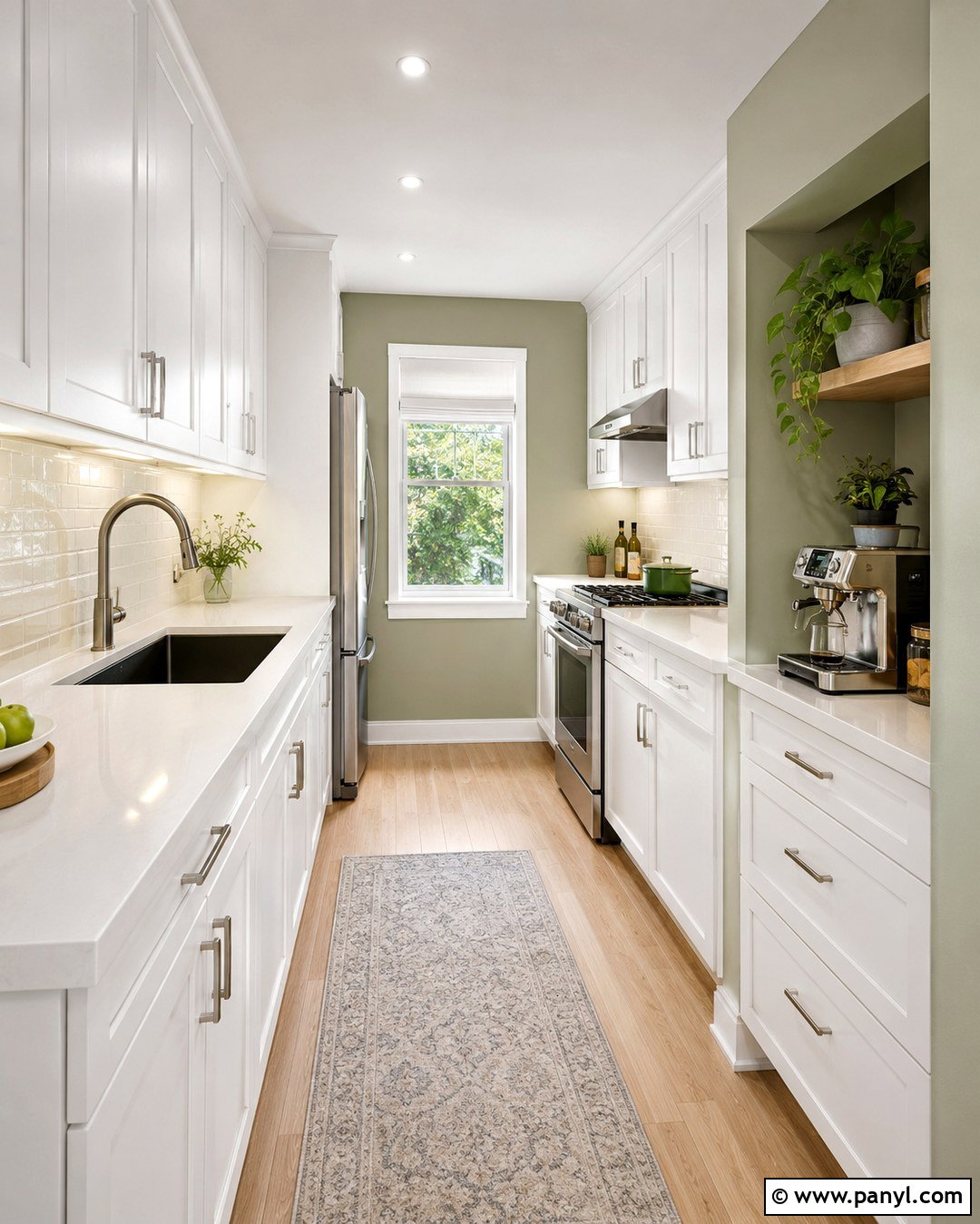 Pale Green Galley Kitchen With White Cabinets - 20 Green Walls With White Cabinets