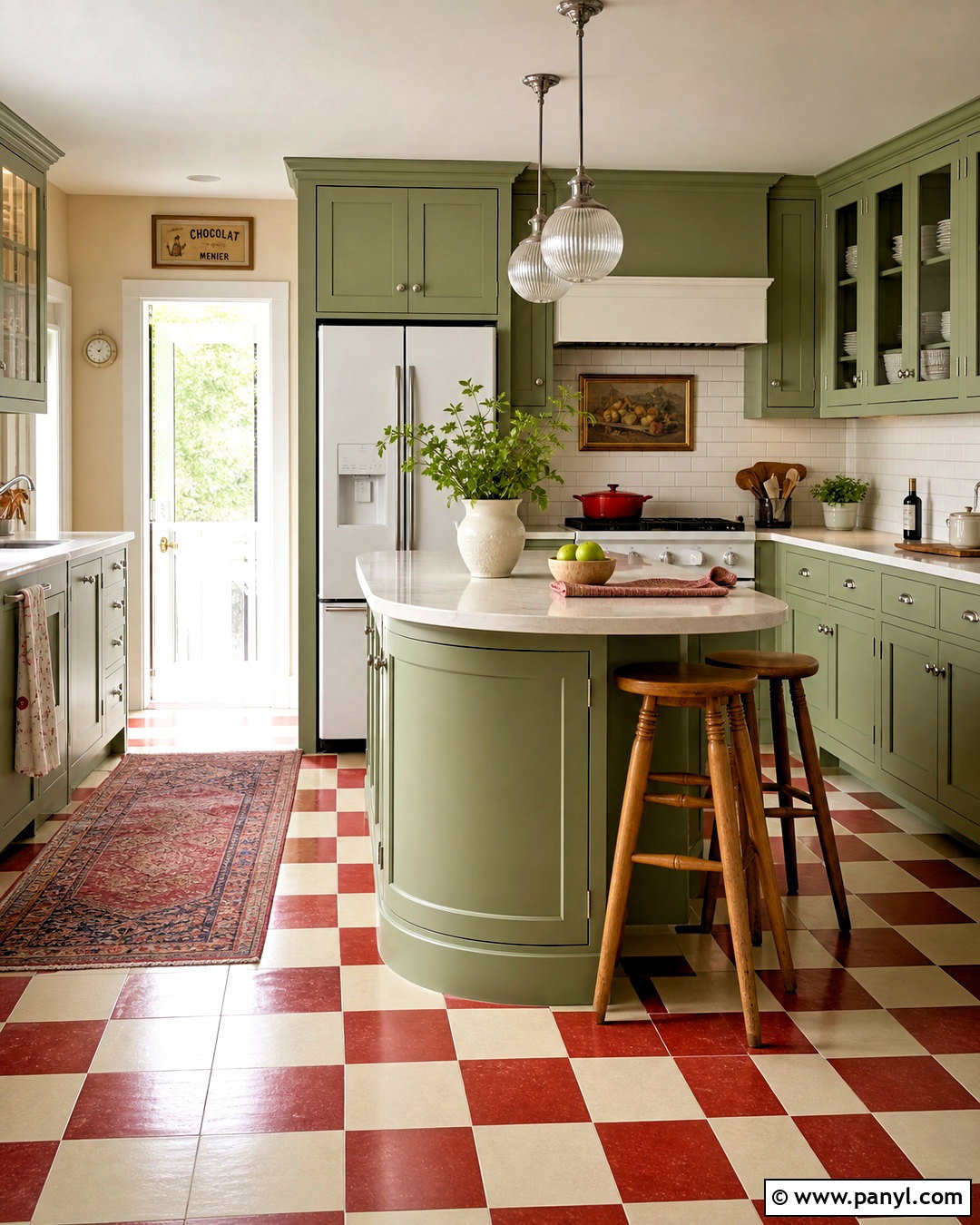 Pale Green Kitchen With Red Checkerboard Floor - 20 green and red kitchen ideas