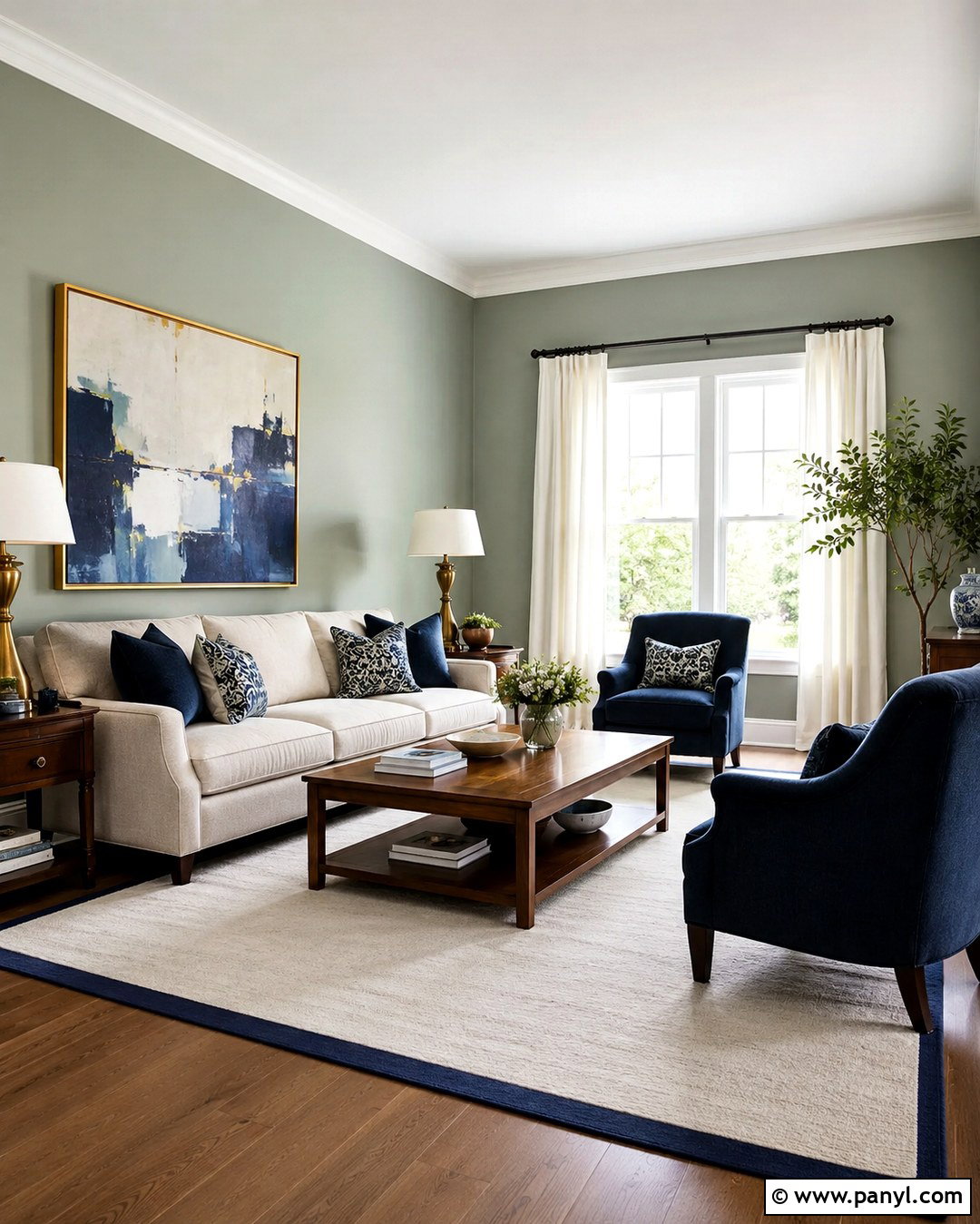 Pale Green Living Room Walls With Navy Accents - 20 Pale Green Wall Color Ideas